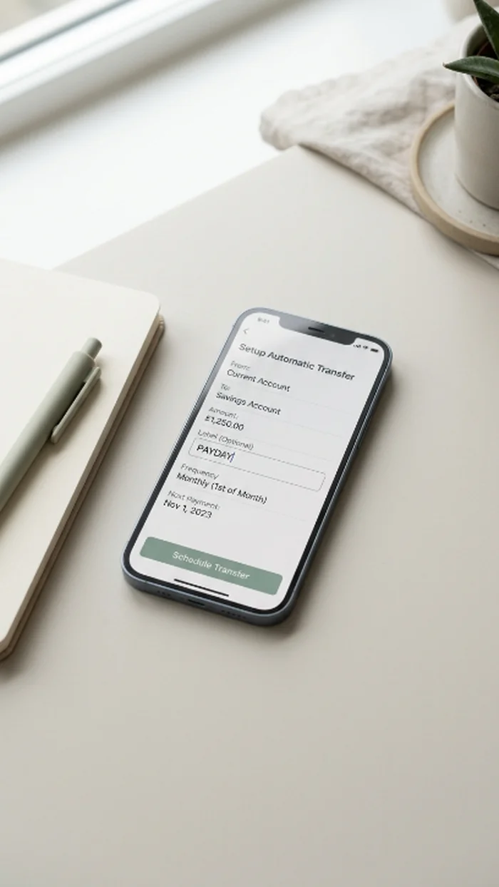 A smartphone screen mid-setup on an automatic bank transfer, the word payday visible in a label field