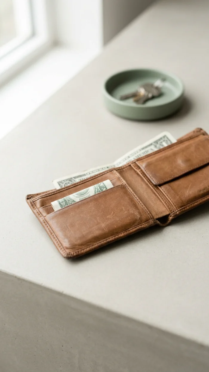 A worn leather wallet, slightly open, showing one small folded bill tucked into a separate compartment from the rest of the cash