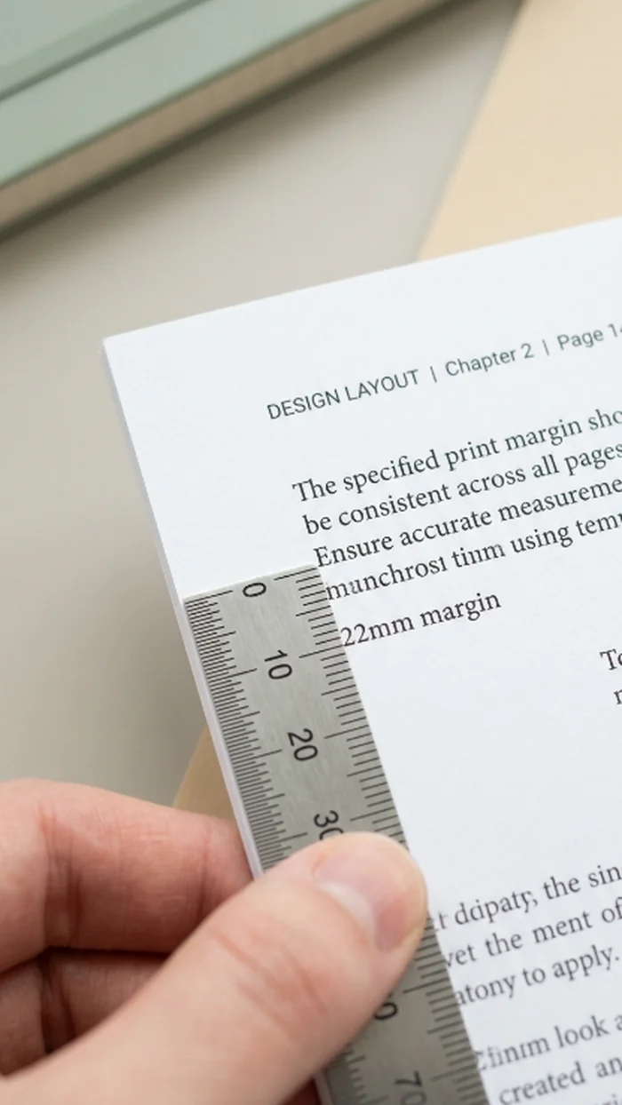 A small ruler held against the printed edge of a paper page, showing careful print-margin measurement