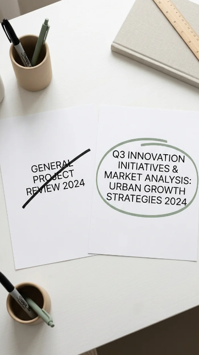 Two printed titles on paper side by side, one generic title crossed out with a marker and one specific title circled