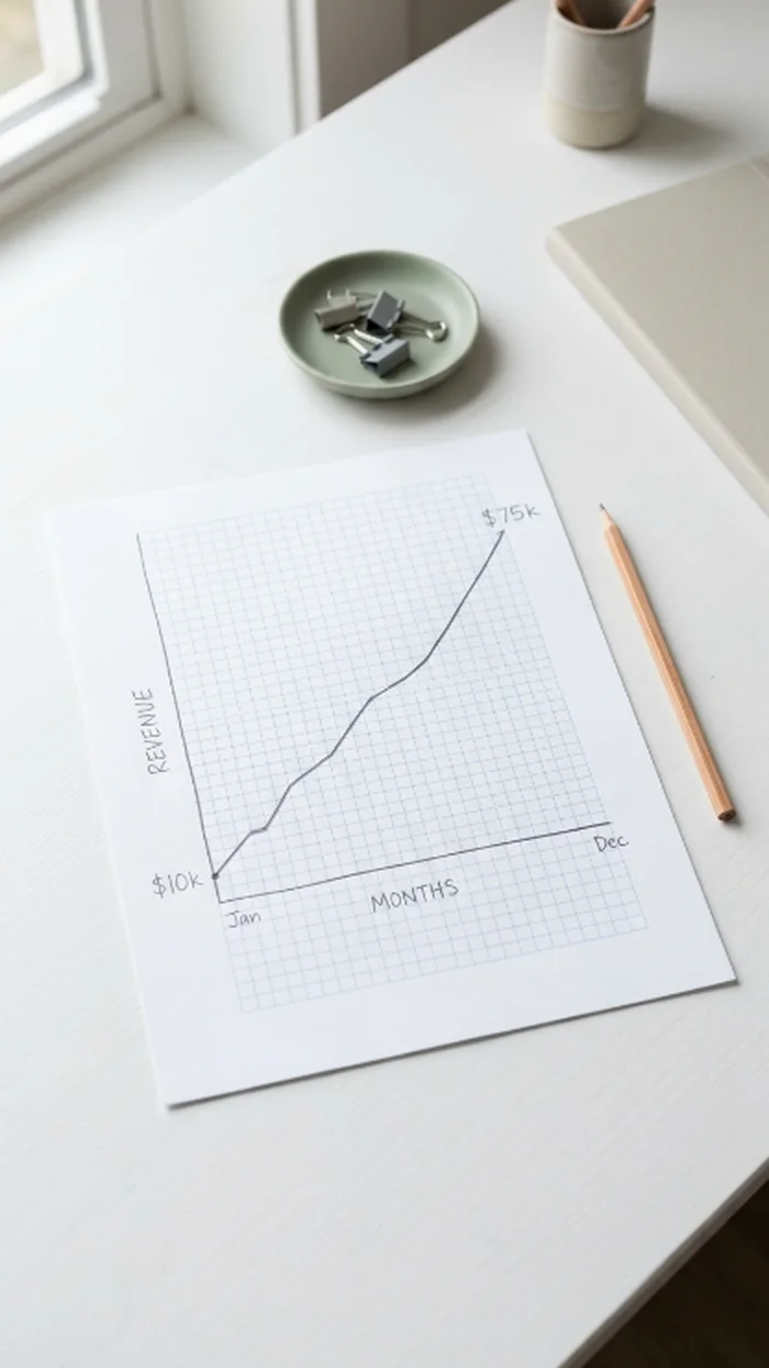 A hand-drawn rising line chart on graph paper labeled with two dollar figures, from January to December