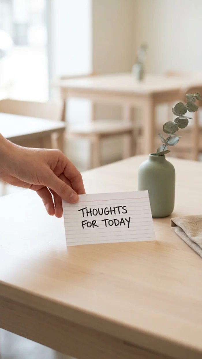 A close crop of a hand setting down a hand-lettered index card on a café table