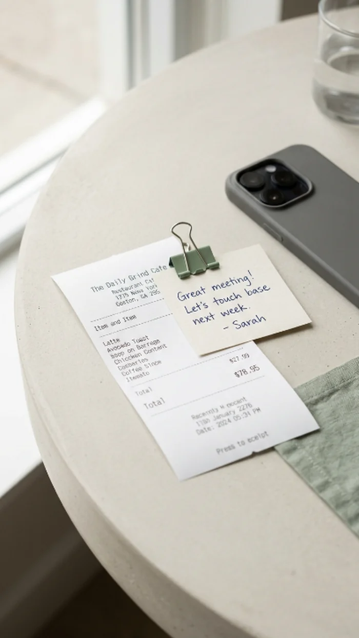A restaurant receipt on a café table with a short handwritten note clipped to it, a smartphone resting nearby