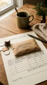 A labeled cash envelope and a few coins resting on a handwritten weekly budget sheet