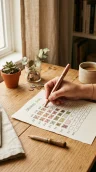 A hand coloring in the next square on a printed paper savings challenge tracker