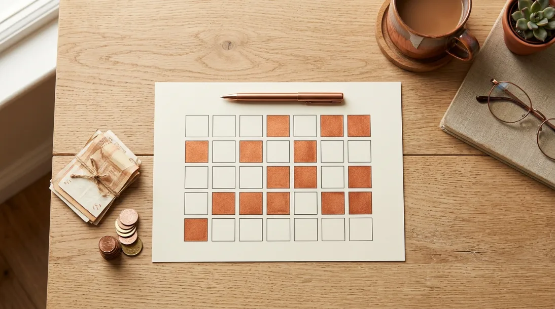 A paper savings tracker grid with several boxes colored in copper, resting on a desk beside a rolled cash bundle, a small stack of coins, and a cup of coffee
