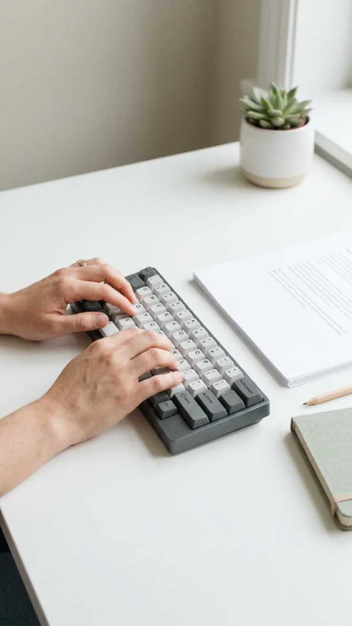A calm close shot of two hands typing on a keyboard, unhurried, soft desk light