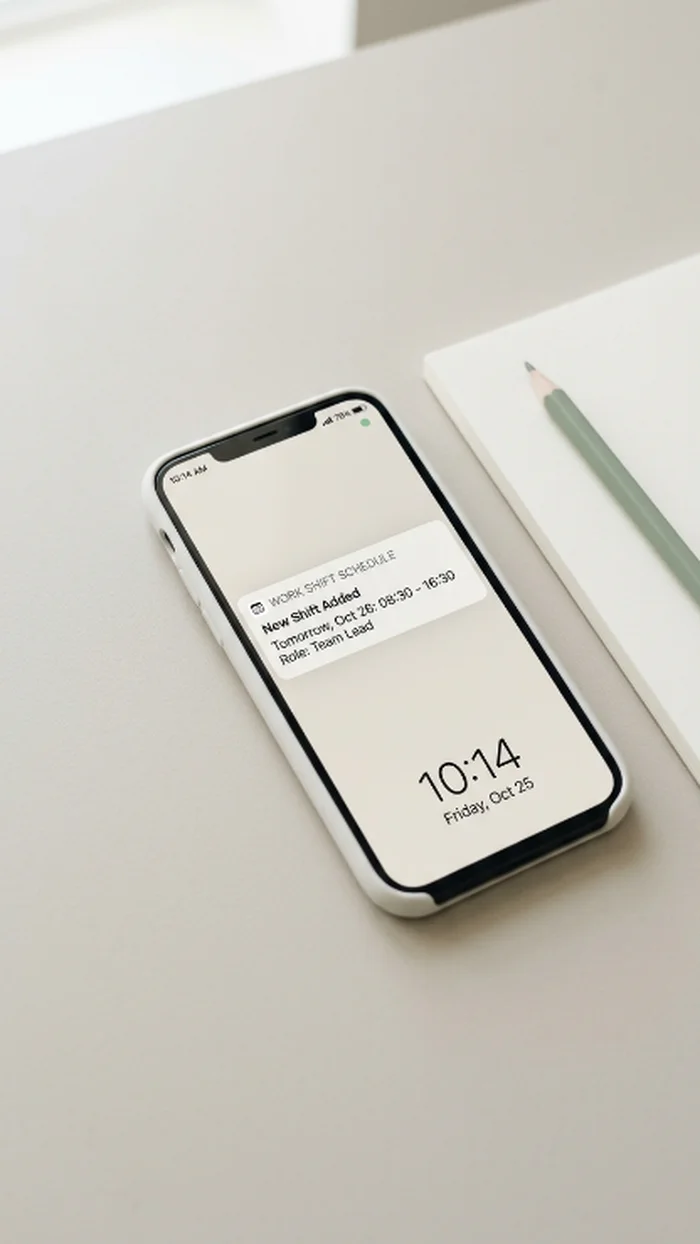 A smartphone screen showing a work shift schedule notification with a visible timestamp