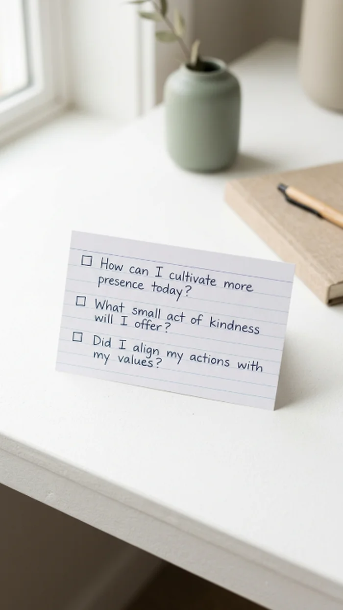 A short handwritten list of three questions on an index card, each with a small checkbox beside it