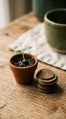 A small green sprout in a terracotta pot beside a short stack of coins on a wooden desk