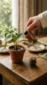 A hand watering a small potted plant with a copper watering can, a short stack of coins beside the pot