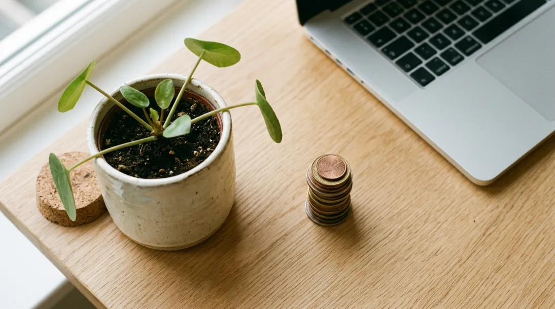 A small potted plant beside a short stack of coins and the corner of an open laptop on a wood desk
