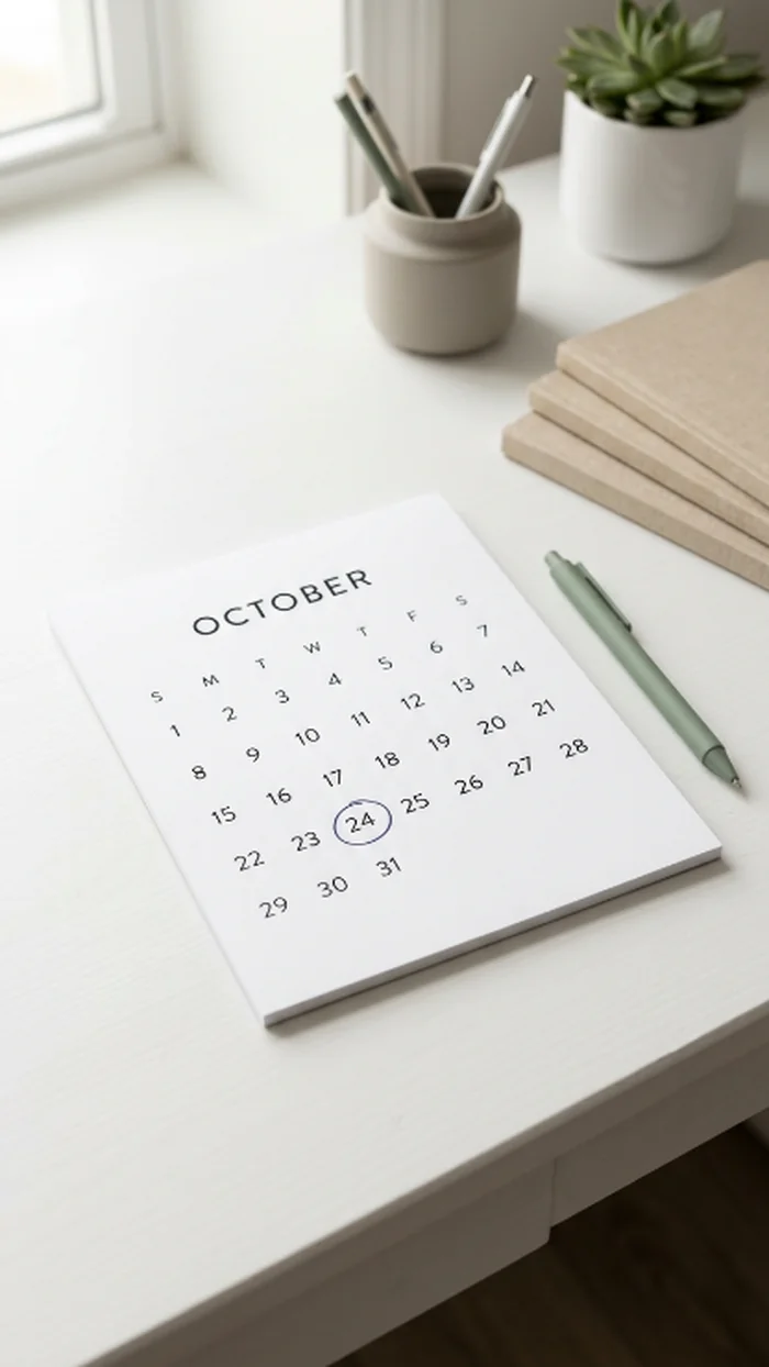 A desk calendar page with one future date circled in pen, a pen resting nearby