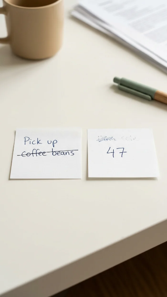 Two sticky notes side by side, one phrase crossed out and a specific number kept on the other