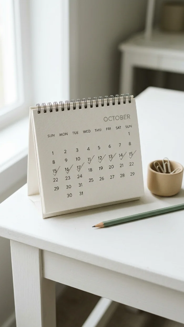 A desk calendar with a steady, evenly spaced trail of small pencil ticks across several weeks