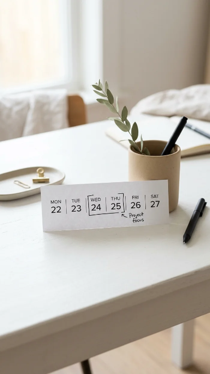 A short desk calendar strip with two days bracketed plainly in pen