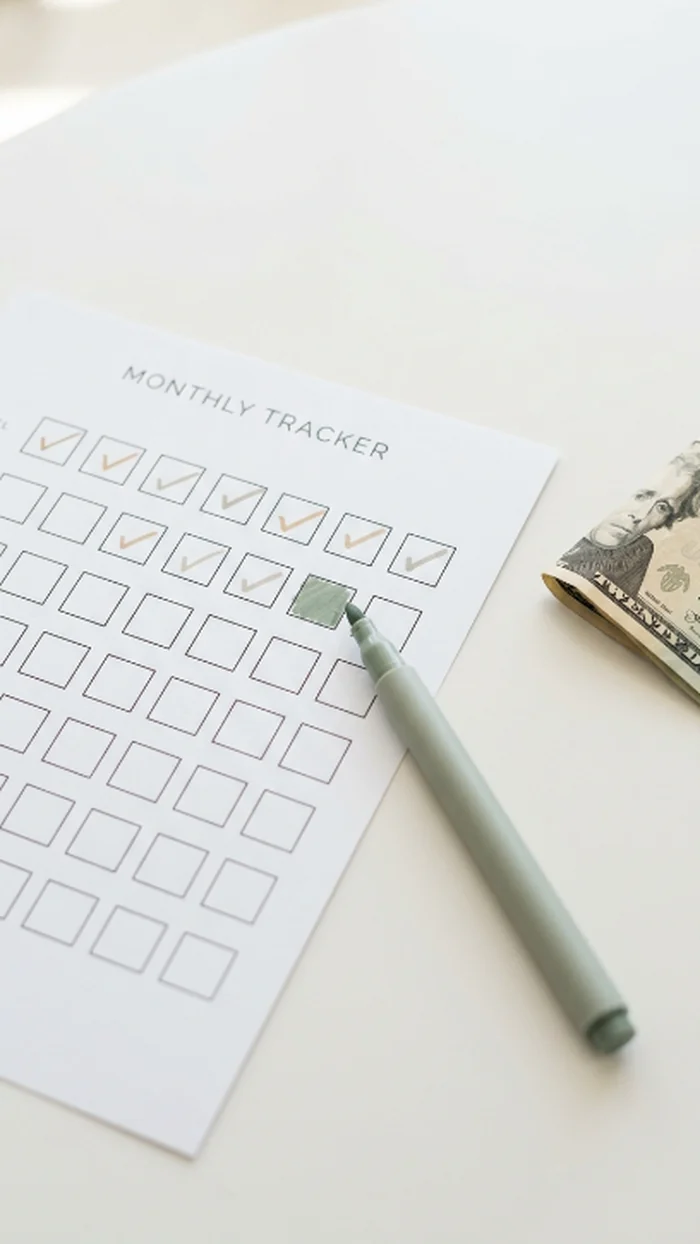 A printed tracker sheet with one box being colored in by a marker while a real folded bill rests visibly beside it