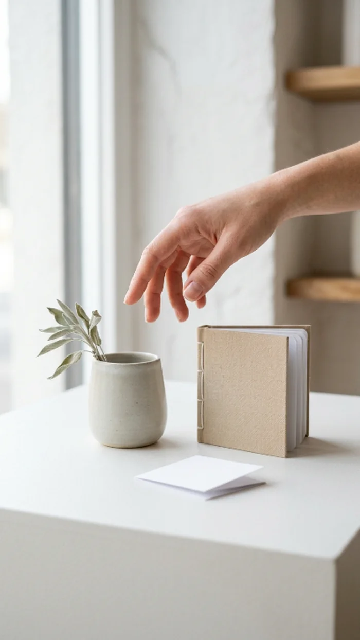 A hand hovering undecided between two small objects on a table, a moment of choosing