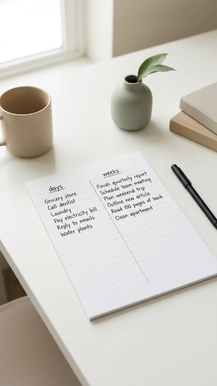 A simple two-column handwritten list on notebook paper headed days and weeks, a few items sorted into each