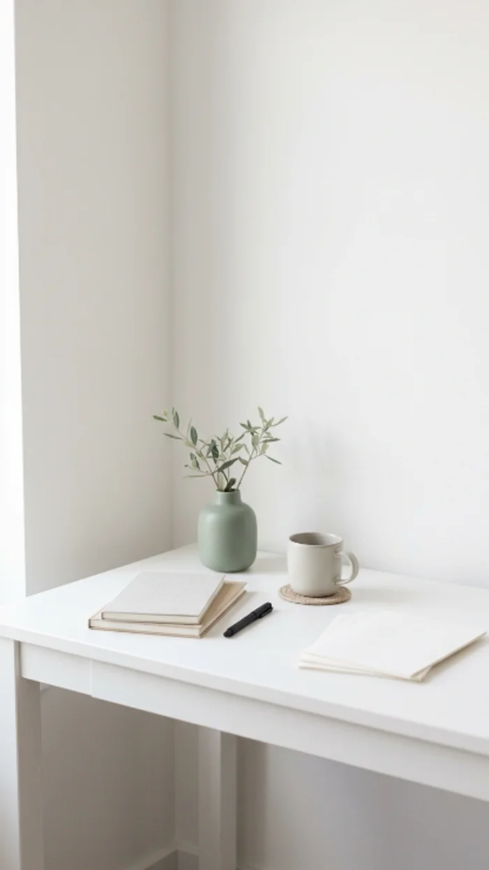 A calm, mostly empty desk corner with soft natural light and generous open space