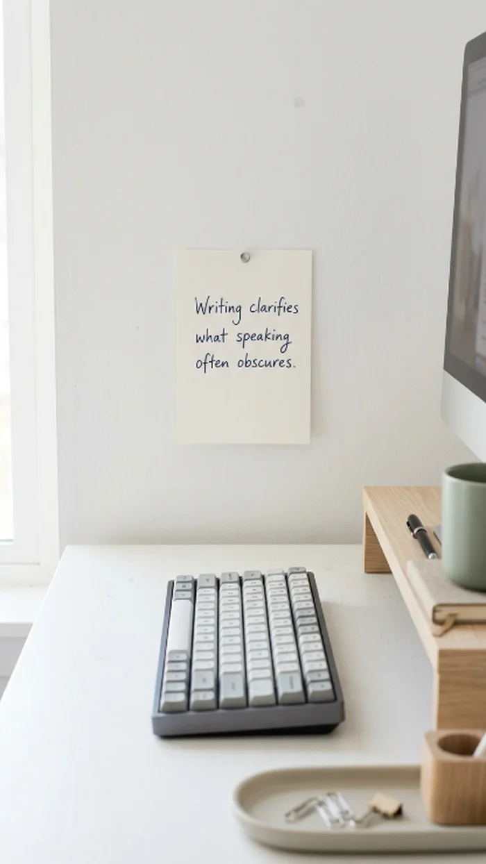 A handwritten note pinned above a keyboard reading a short line about writing over speaking