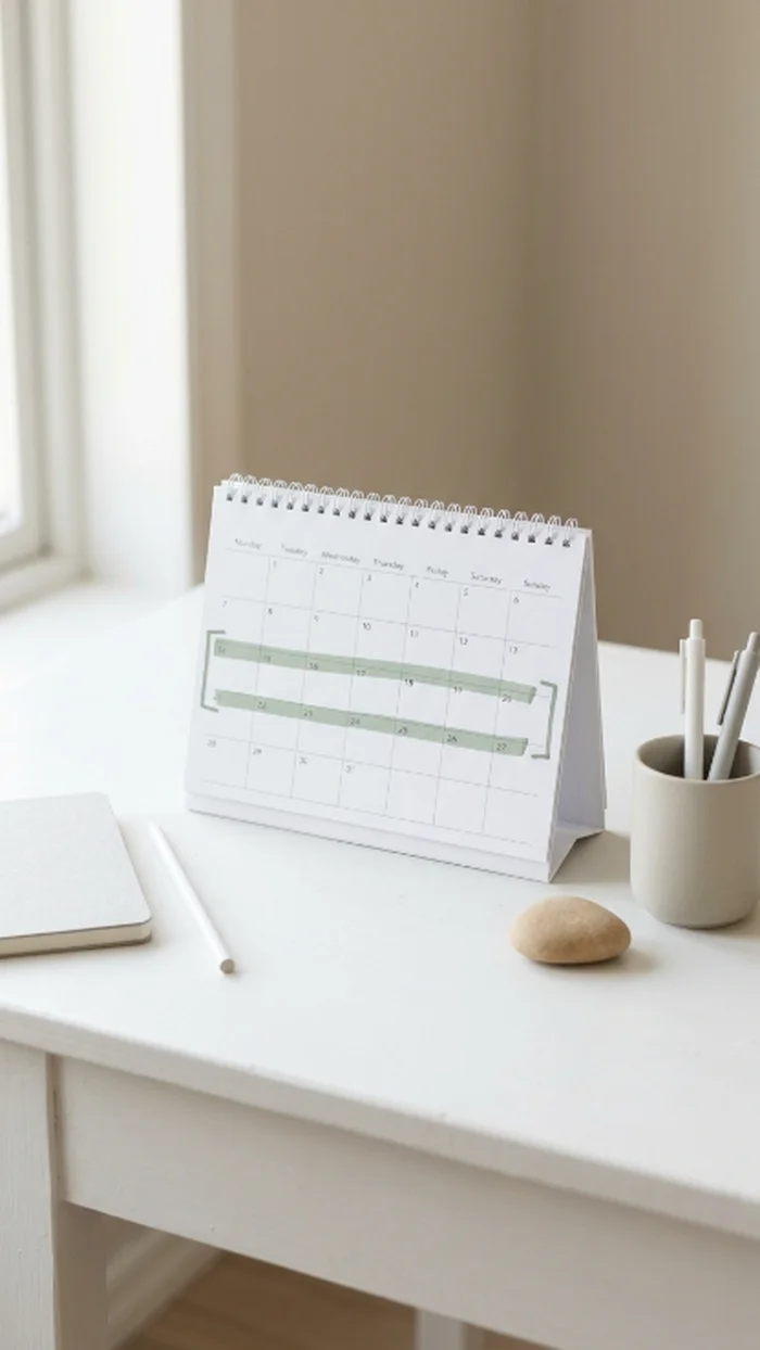 A desk calendar with a two-week span bracketed and highlighted in marker