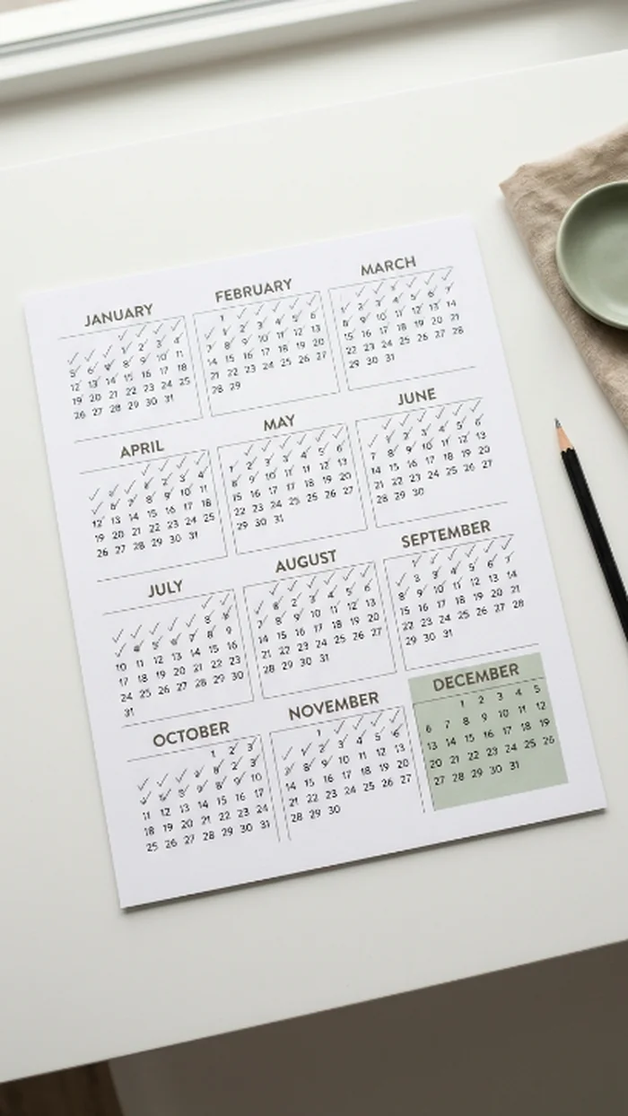 A calendar page with small pencil tick marks in every month, converging toward one highlighted final month