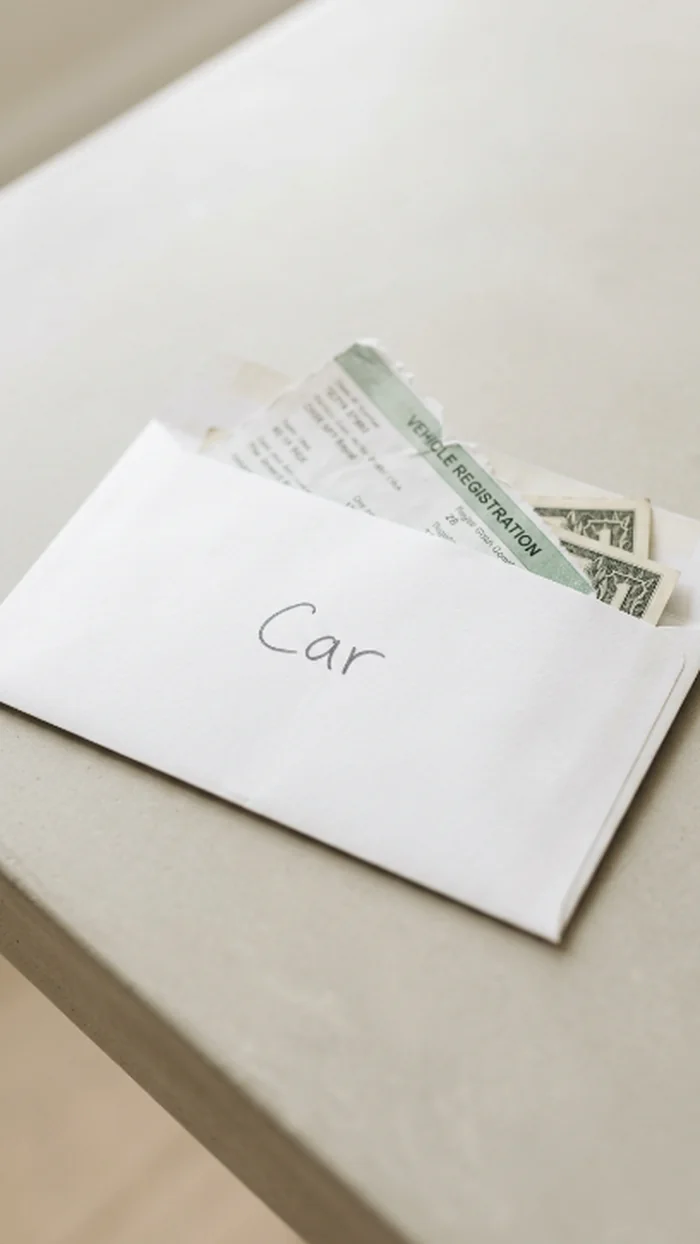 A paper envelope labeled Car with a torn vehicle registration stub and cash tucked inside