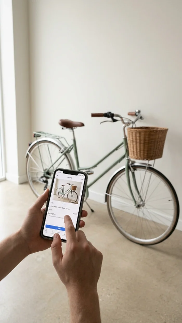 Hands photographing an old bicycle with a smartphone, an in-progress resale listing on the screen