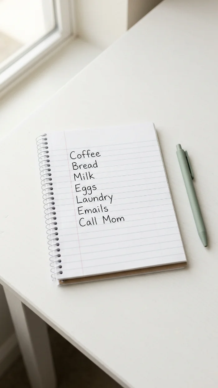 A simple handwritten list of seven short lines on a notebook page beside a pen