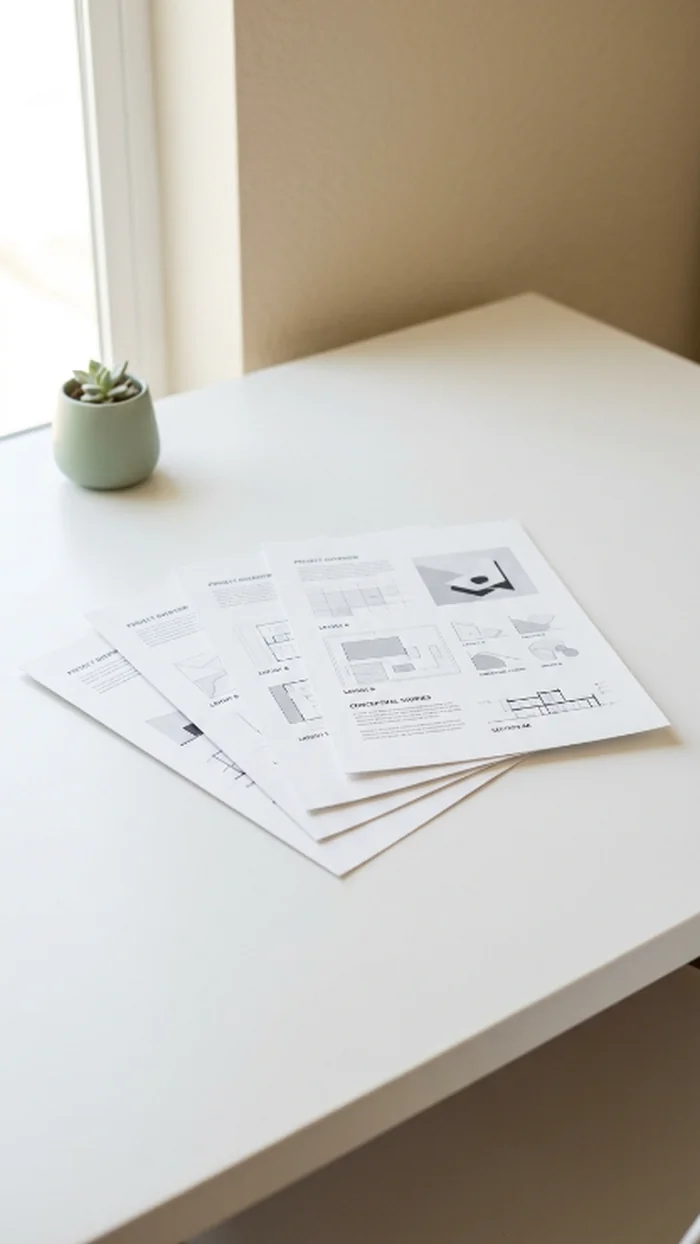 A short stack of three to five printed sample project sheets fanned slightly on a desk