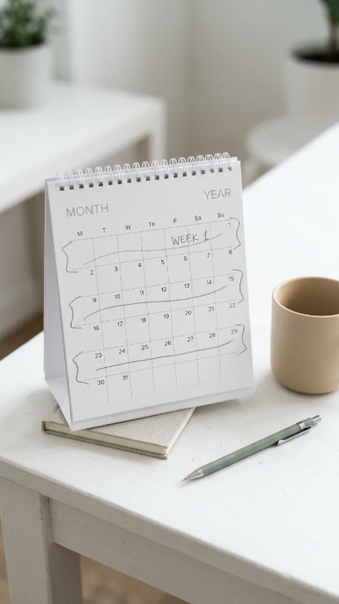 A desk calendar with three loosely bracketed week ranges marked in pencil