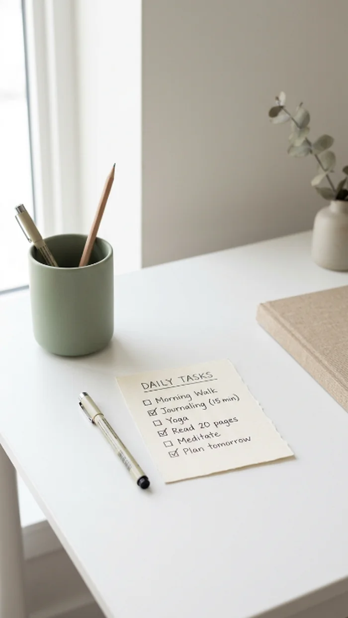 A small handwritten checklist card on a desk with a couple of items ticked off