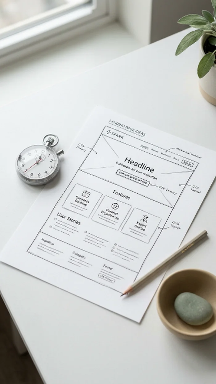 A small analog stopwatch resting on a desk beside a hand-sketched landing page mockup