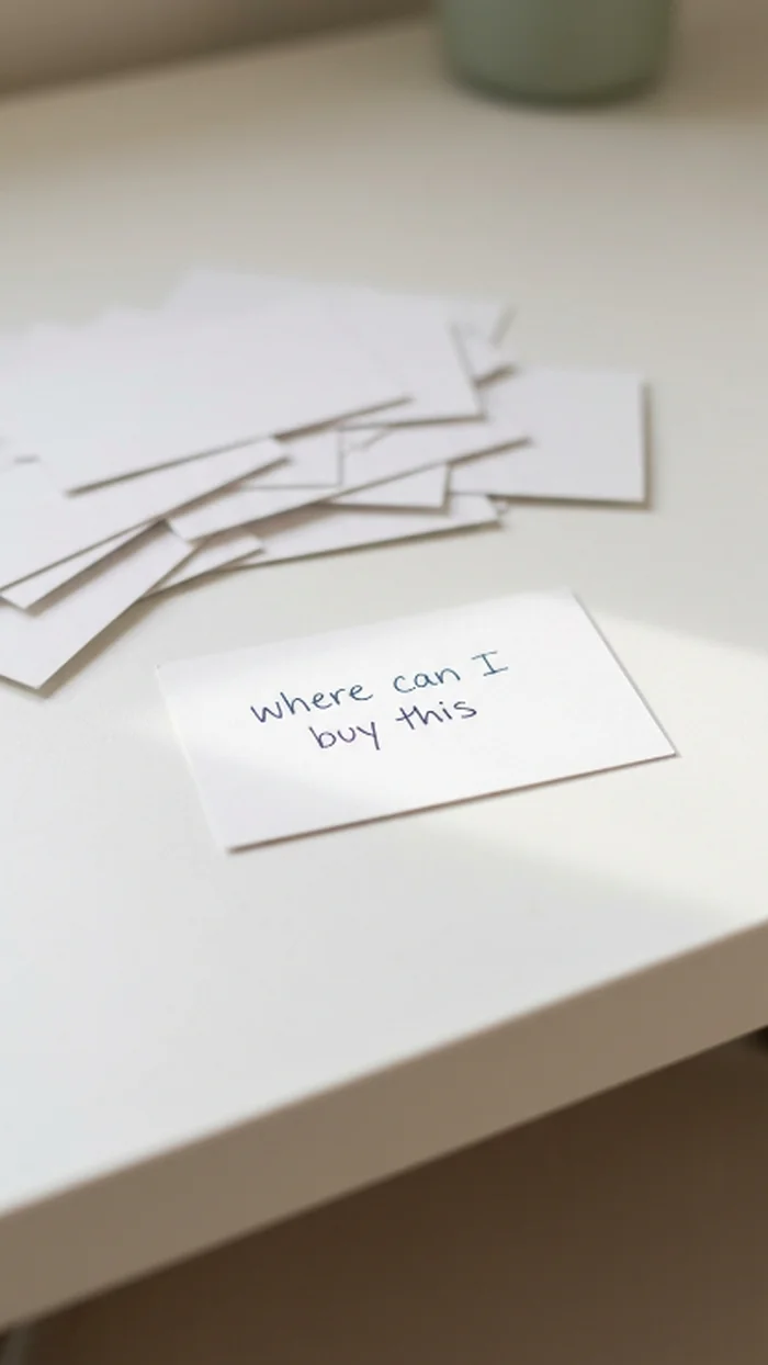 One index card reading where can I buy this, set apart and spotlit from a loose pile of other index cards