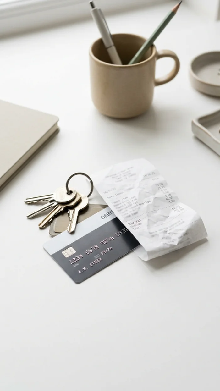 A debit card half-buried under everyday desk clutter of keys and a crumpled receipt