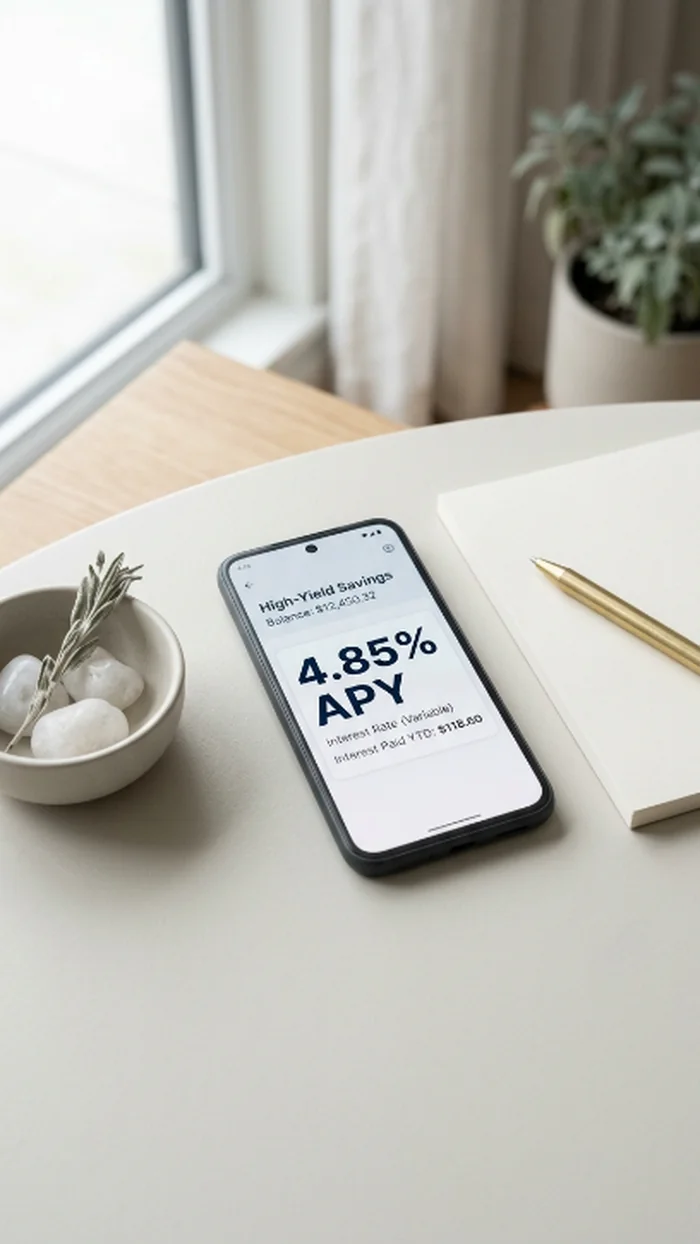 A smartphone screen displaying a high-yield savings account interest rate of 4.85% APY