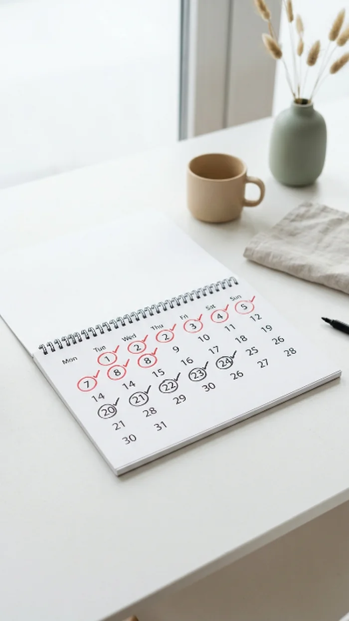 A desk calendar with one week marked in red pen and the following week marked plainly in black pen