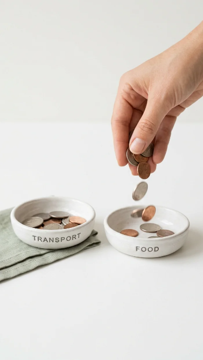 Coins being transferred by hand from a small ceramic dish labeled Transport into one labeled Food