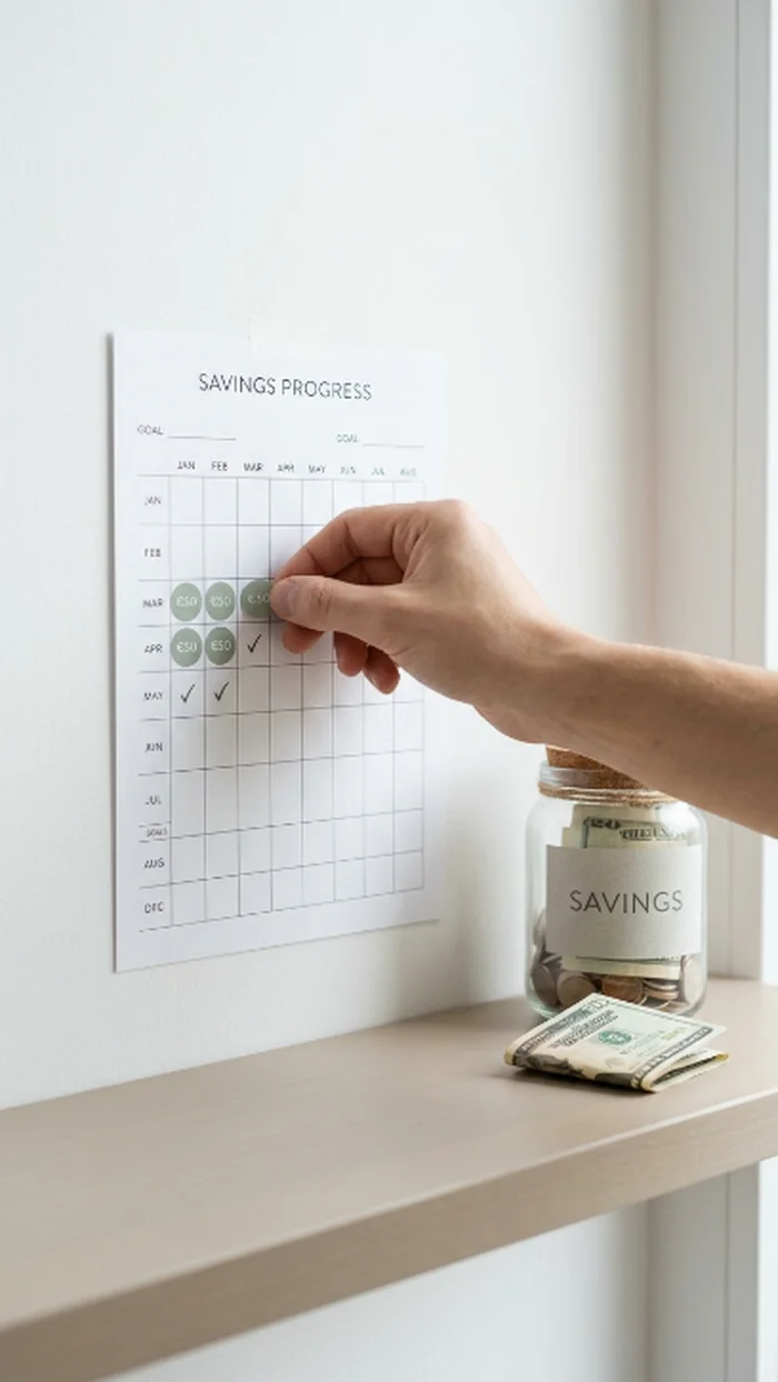 A hand placing a sticker on a savings progress chart while a real folded bill rests beside a labeled savings jar