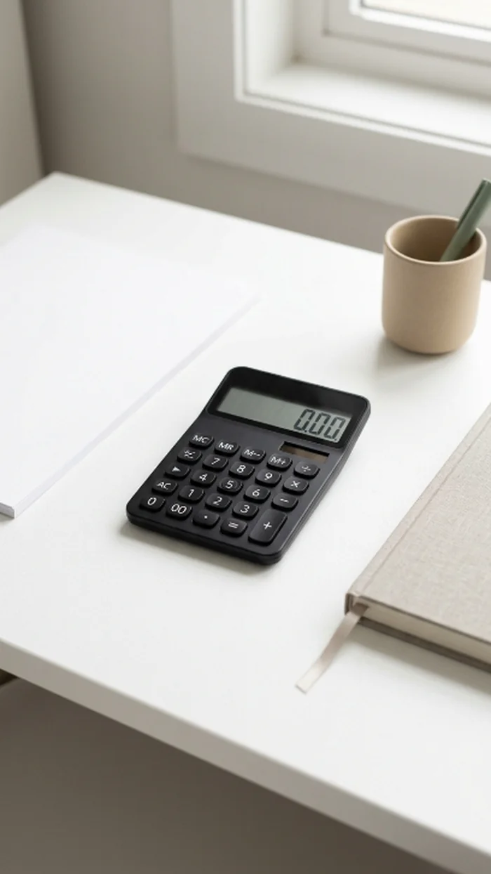 A pocket calculator resting on a desk with its screen reading 0.00