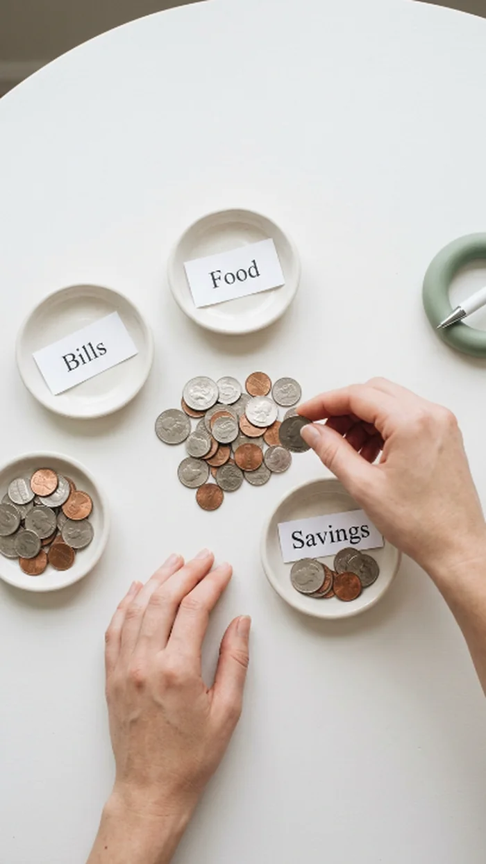 Coins being sorted by hand into small ceramic dishes labeled Bills, Food, and Savings, the center pile shrinking toward nothing