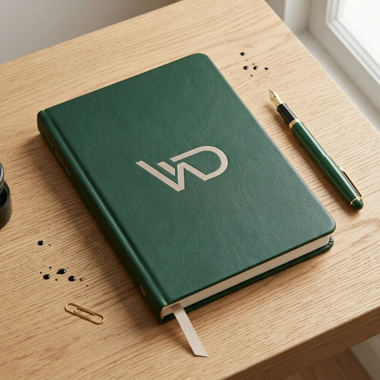 A green leather WealthDrafts diary with a fountain pen on a wooden desk