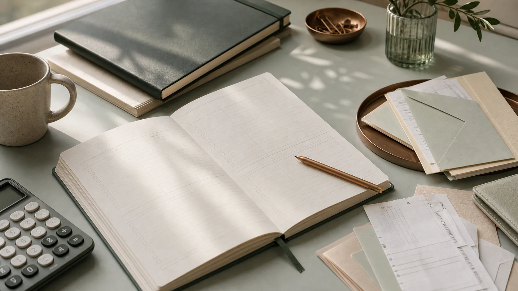 Budgeting at home, receipts and a notebook