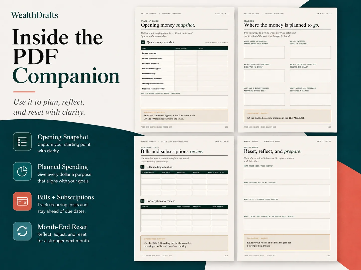 Companion PDF pages: opening money snapshot, planned spending, bills and subscriptions review, and month-end reset