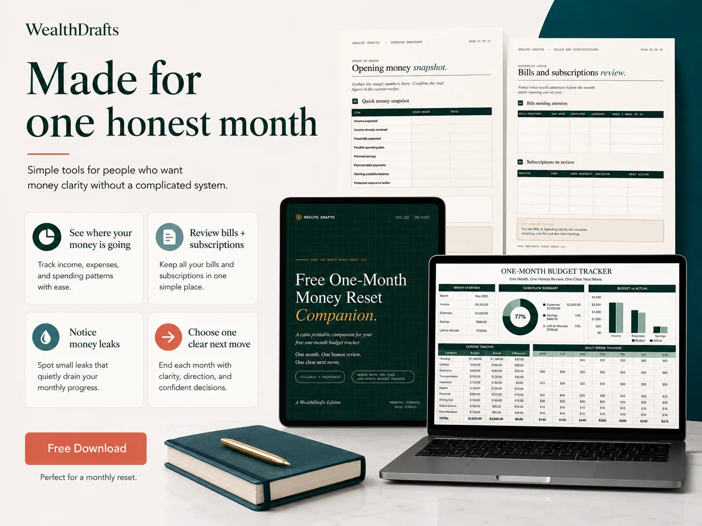 Summary of the kit: see where your money is going, review bills and subscriptions, notice money leaks, and choose one clear next move