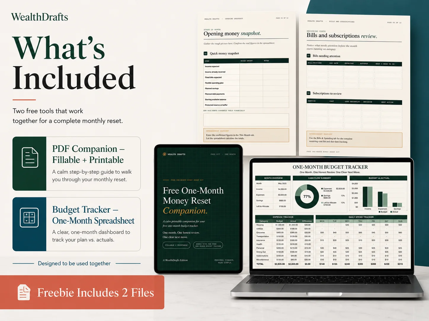 The two free tools that work together: the fillable PDF companion and the one-month budget tracker spreadsheet